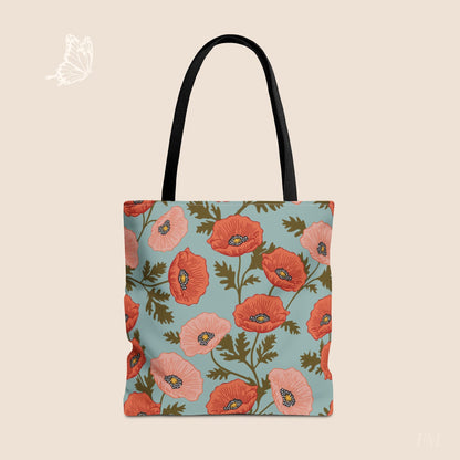 Poppy Waltz Sky Blue Day Tote Bag with hand drawn artwork - Flourish Moon Studio