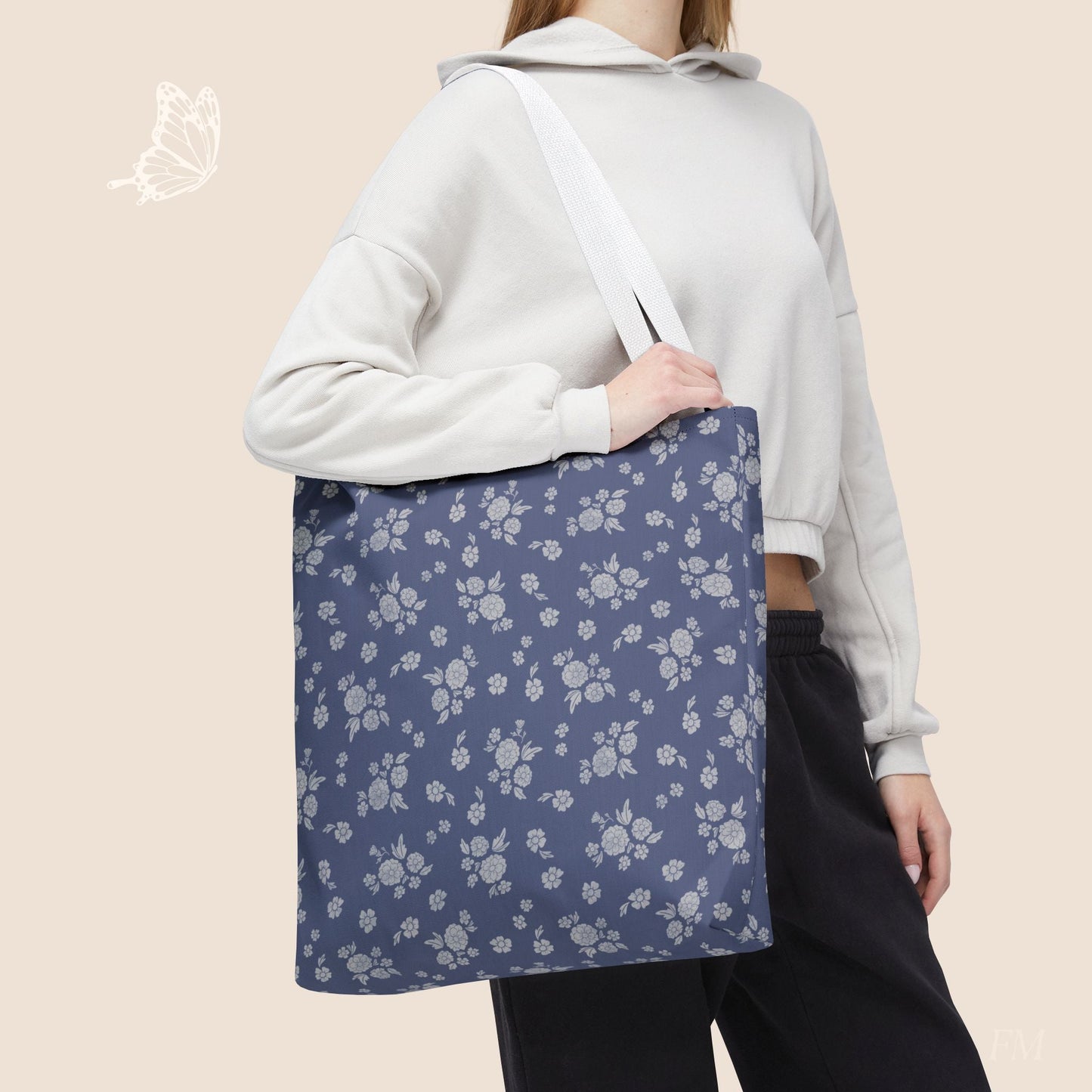 Prairie Bloom Floral Pale Blue on Denim Day Tote Bag with hand drawn artwork - Flourish Moon Studio