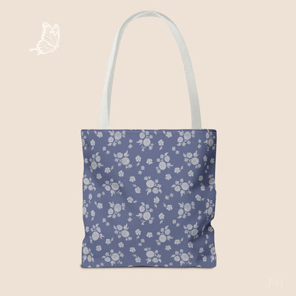 Prairie Bloom Floral Pale Blue on Denim Day Tote Bag with hand drawn artwork - Flourish Moon Studio