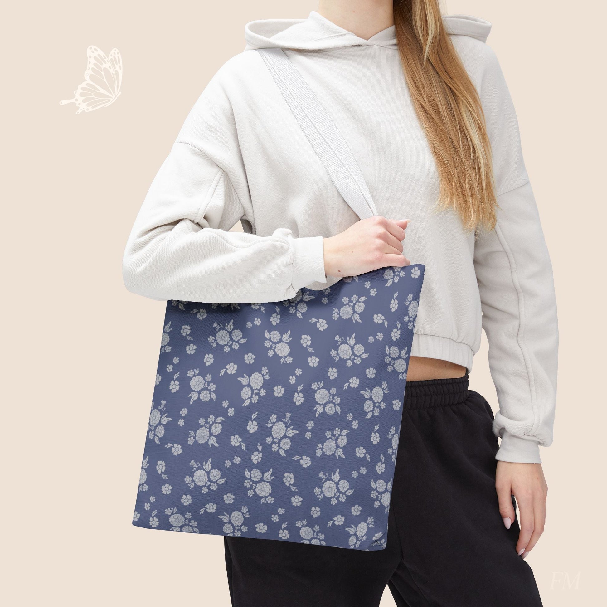 Prairie Bloom Floral Pale Blue on Denim Day Tote Bag with hand drawn artwork - Flourish Moon Studio
