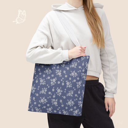 Prairie Bloom Floral Pale Blue on Denim Day Tote Bag with hand drawn artwork - Flourish Moon Studio