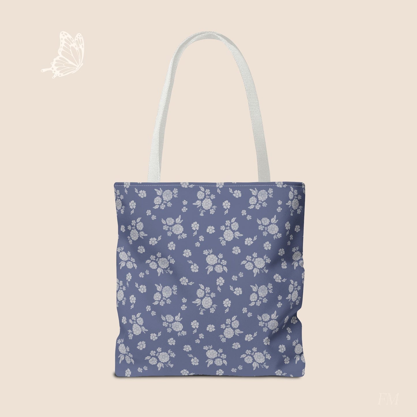 Prairie Bloom Floral Pale Blue on Denim Day Tote Bag with hand drawn artwork - Flourish Moon Studio