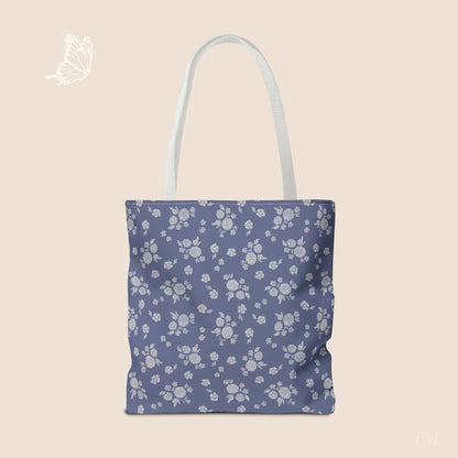 Prairie Bloom Floral Pale Blue on Denim Day Tote Bag with hand drawn artwork - Flourish Moon Studio