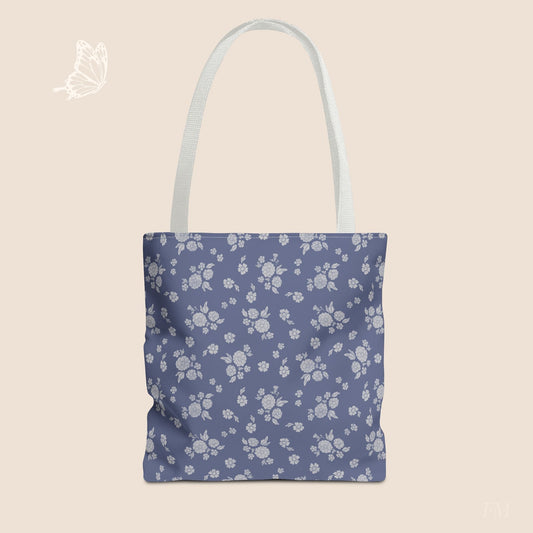 Prairie Bloom Floral Pale Blue on Denim Day Tote Bag with hand drawn artwork - Flourish Moon Studio