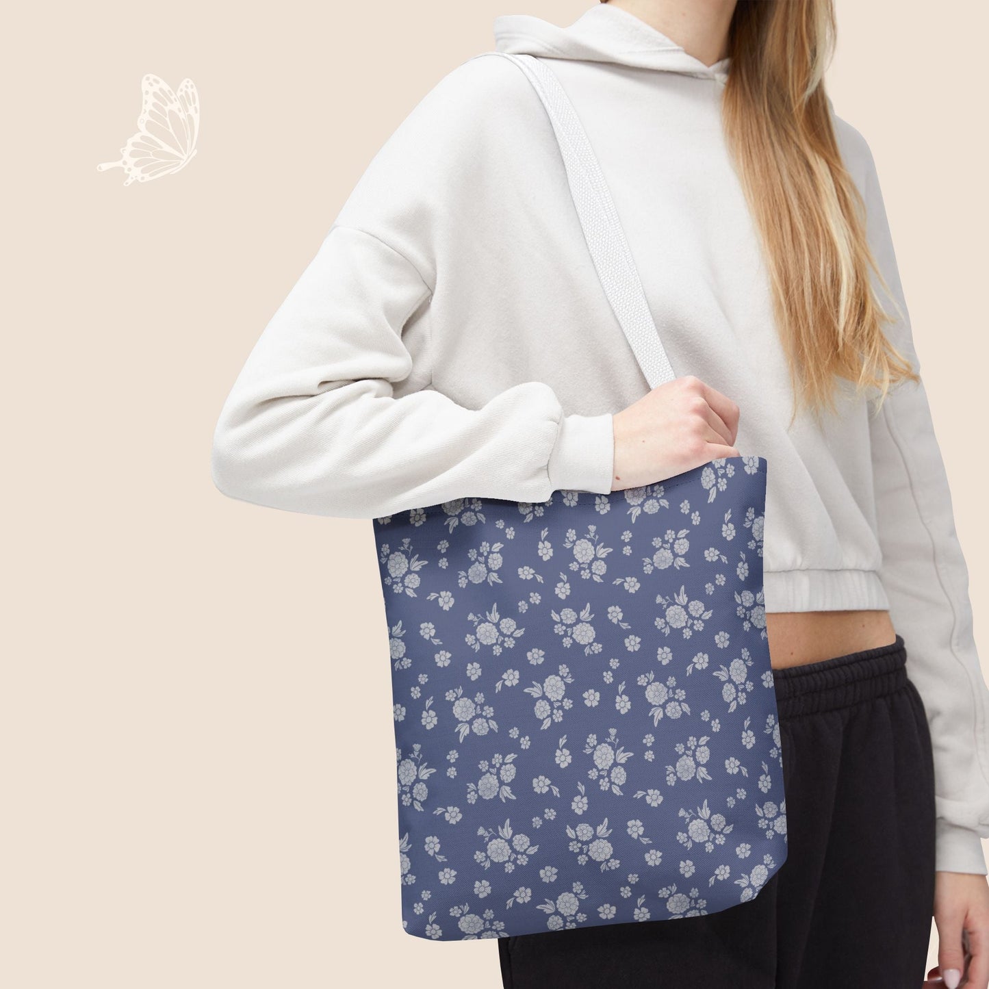 Prairie Bloom Floral Pale Blue on Denim Day Tote Bag with hand drawn artwork - Flourish Moon Studio
