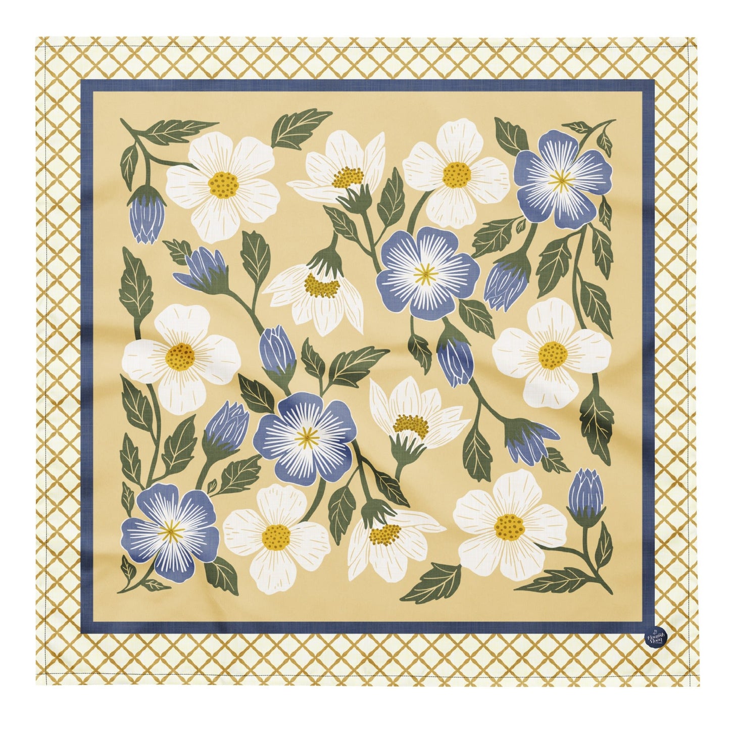 Rosehill Cottage Golden Periwinkle Bandana with hand - drawn artwork - Flourish Moon Studio