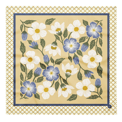 Rosehill Cottage Golden Periwinkle Bandana with hand - drawn artwork - Flourish Moon Studio