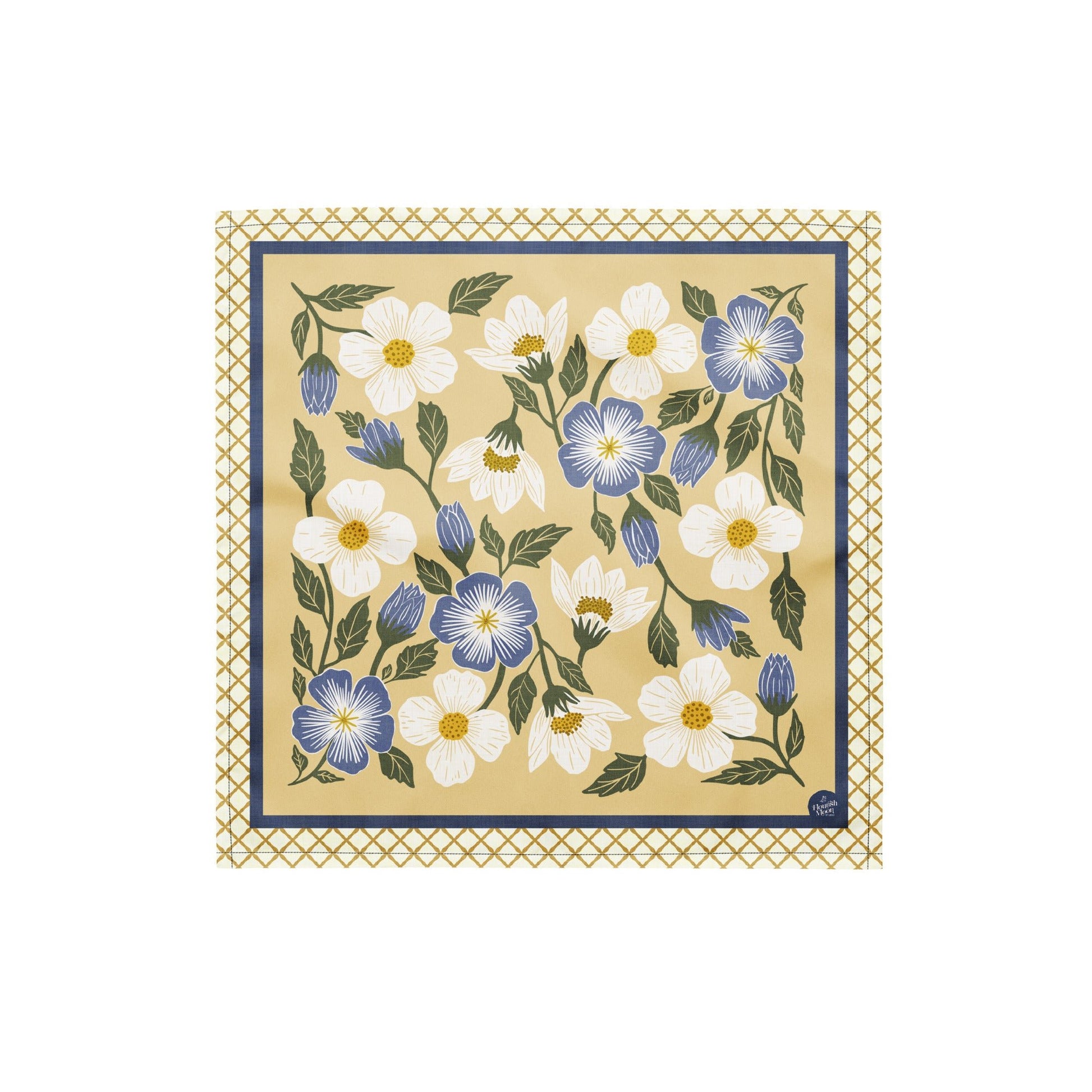 Rosehill Cottage Golden Periwinkle Bandana with hand - drawn artwork - Flourish Moon Studio