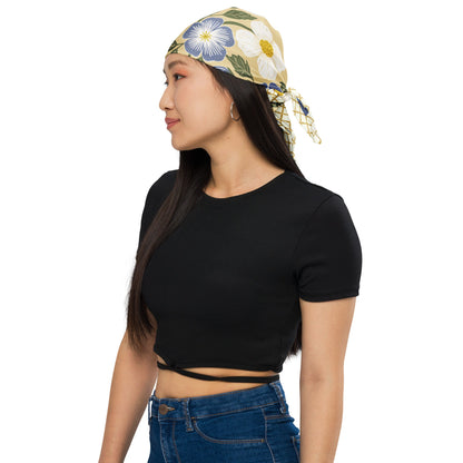 Rosehill Cottage Golden Periwinkle Bandana with hand - drawn artwork - Flourish Moon Studio