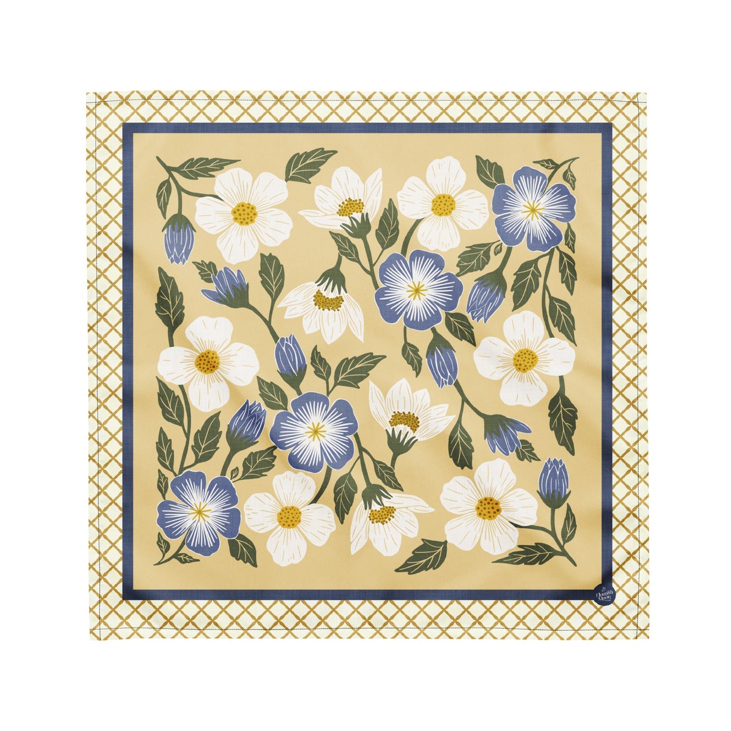 Rosehill Cottage Golden Periwinkle Bandana with hand - drawn artwork - Flourish Moon Studio