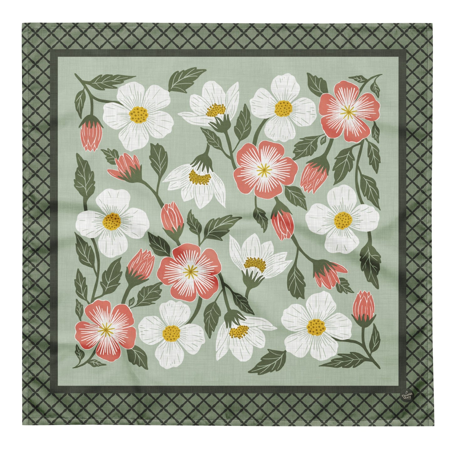 Rosehill Cottage Sage Bandana with hand - drawn artwork - Flourish Moon Studio