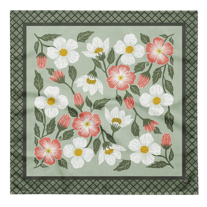 Rosehill Cottage Sage Bandana with hand - drawn artwork - Flourish Moon Studio