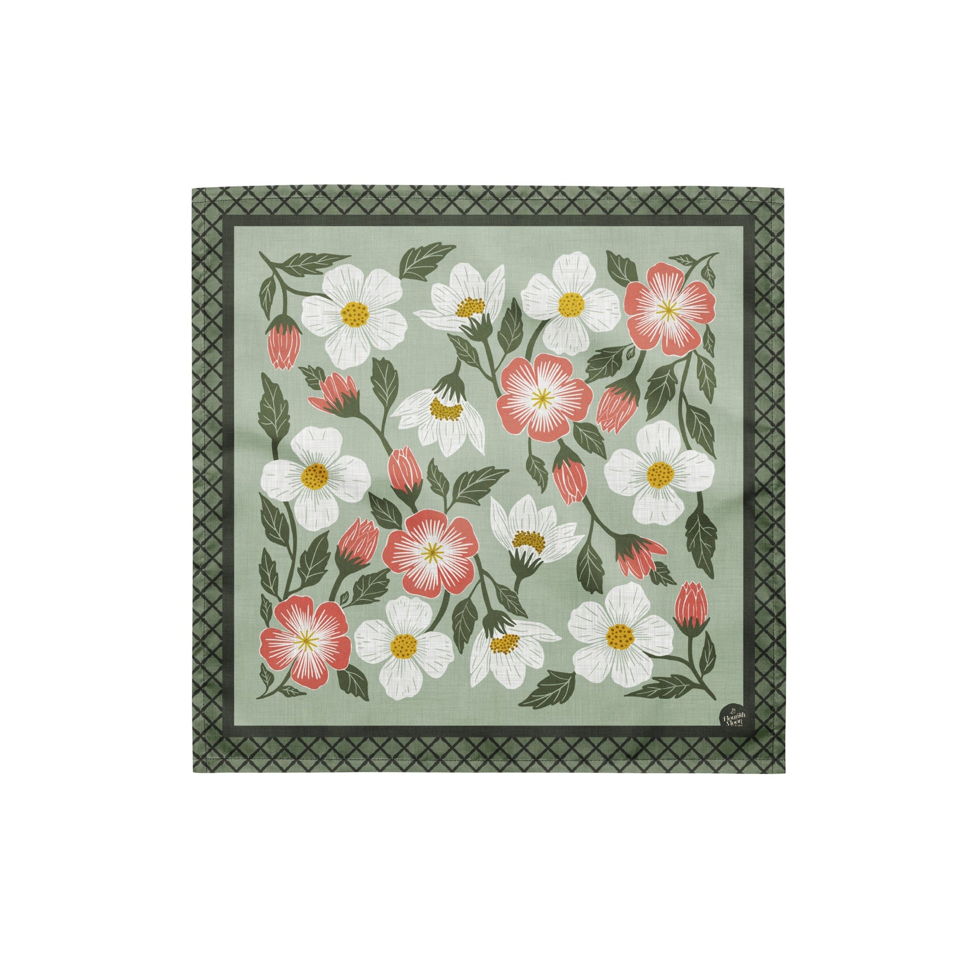Rosehill Cottage Sage Bandana with hand - drawn artwork - Flourish Moon Studio