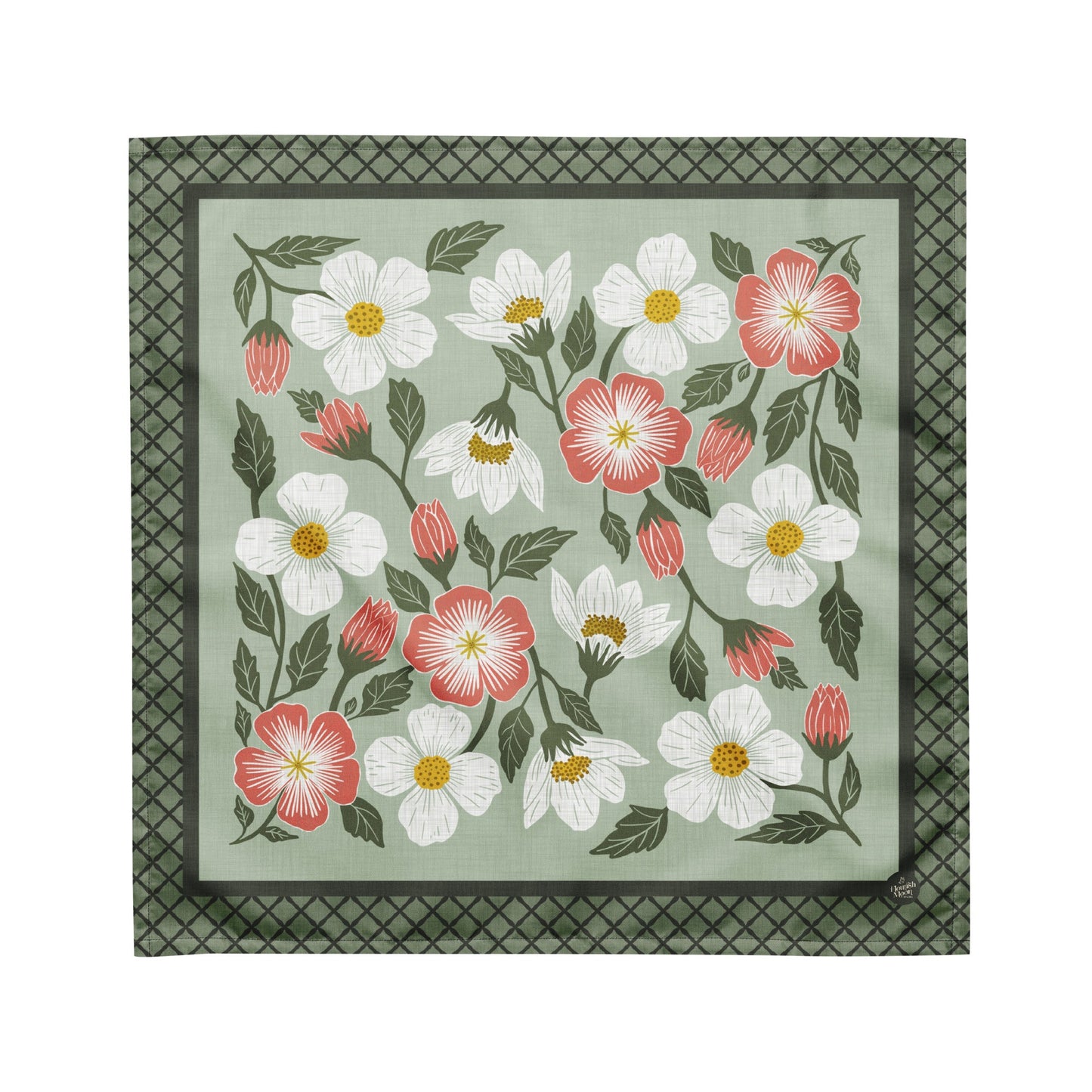 Rosehill Cottage Sage Bandana with hand - drawn artwork - Flourish Moon Studio