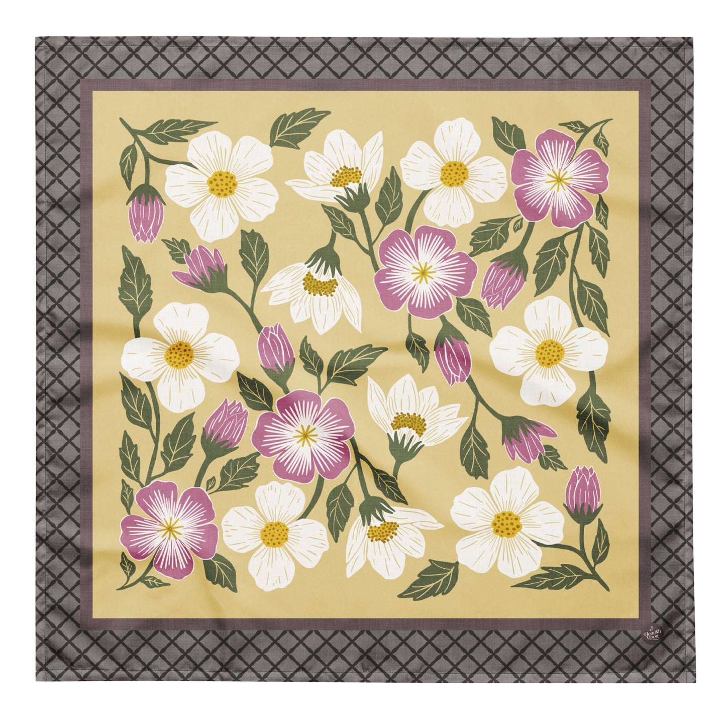 Rosehill Cottage Spring Bandana with hand - drawn artwork - Flourish Moon Studio