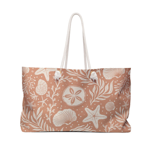 Shoreline Finds Coral Clay Weekender Bag with hand drawn artwork - Flourish Moon Studio