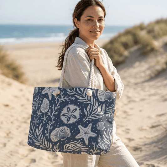 Shoreline Finds Deep Tide Weekender Bag with hand drawn artwork - Flourish Moon Studio
