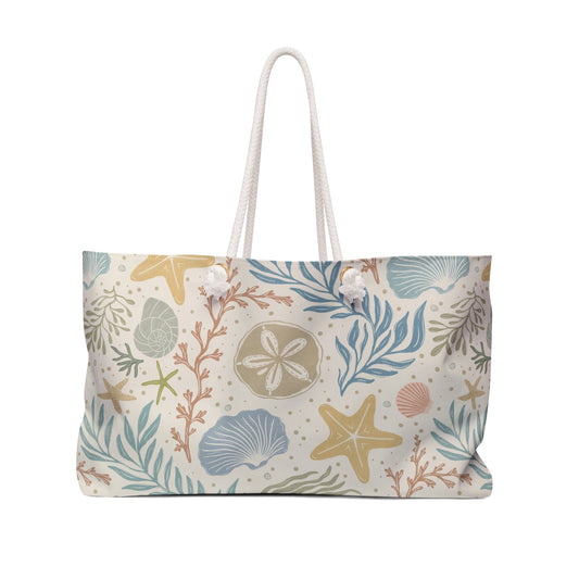 Shoreline Finds Sand Dollar Shell Multi Weekender Tote Bag with hand drawn artwork - Flourish Moon Studio
