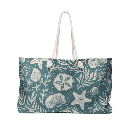 Shoreline Finds Sea Glass Weekender Tote Bag with hand drawn artwork - Flourish Moon Studio