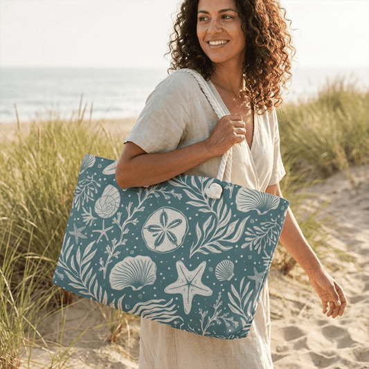 Shoreline Finds Sea Glass Weekender Tote Bag with hand drawn artwork - Flourish Moon Studio