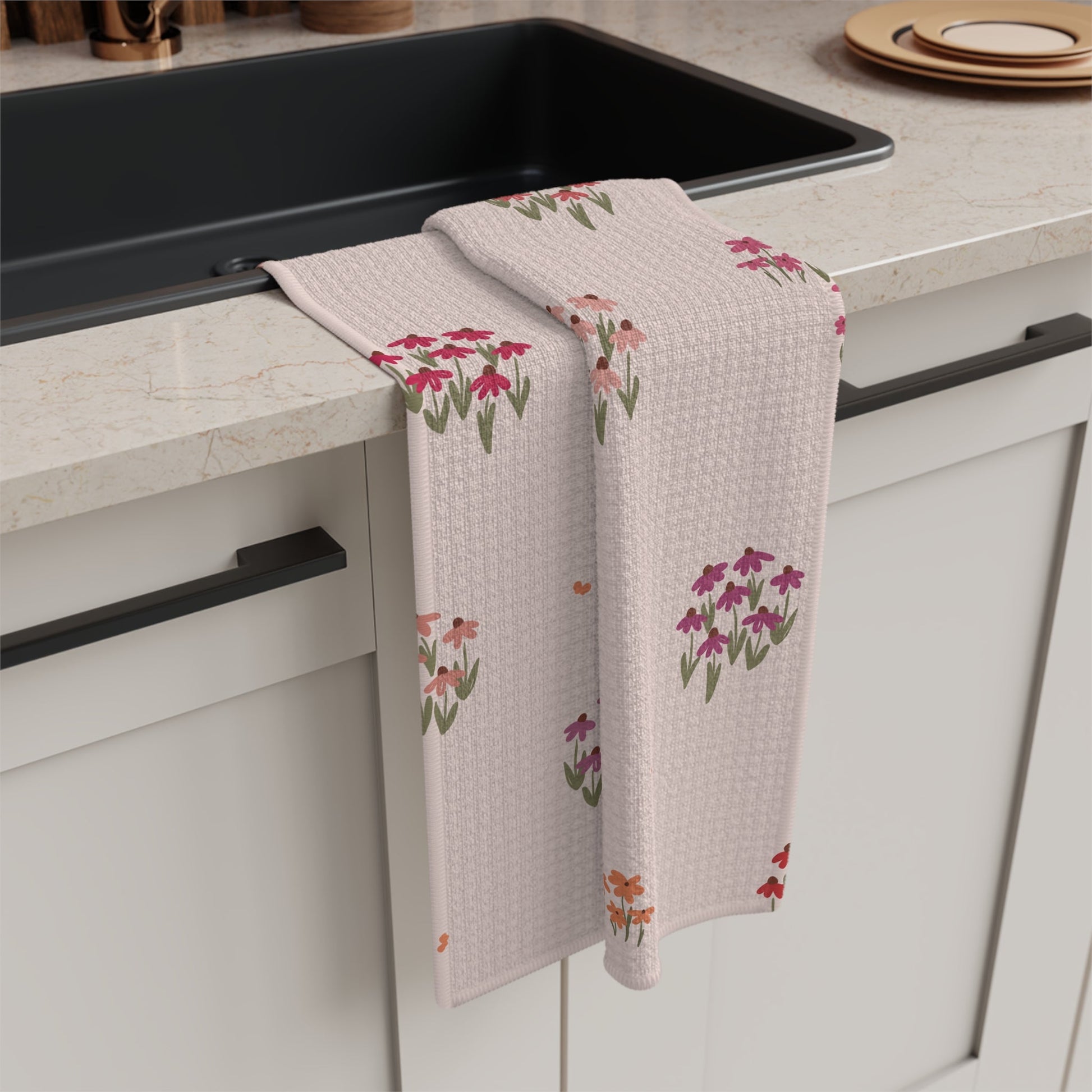 Summer Breeze Coneflower Microfiber Waffle Kitchen Towel with hand - drawn artwork - Flourish Moon Studio
