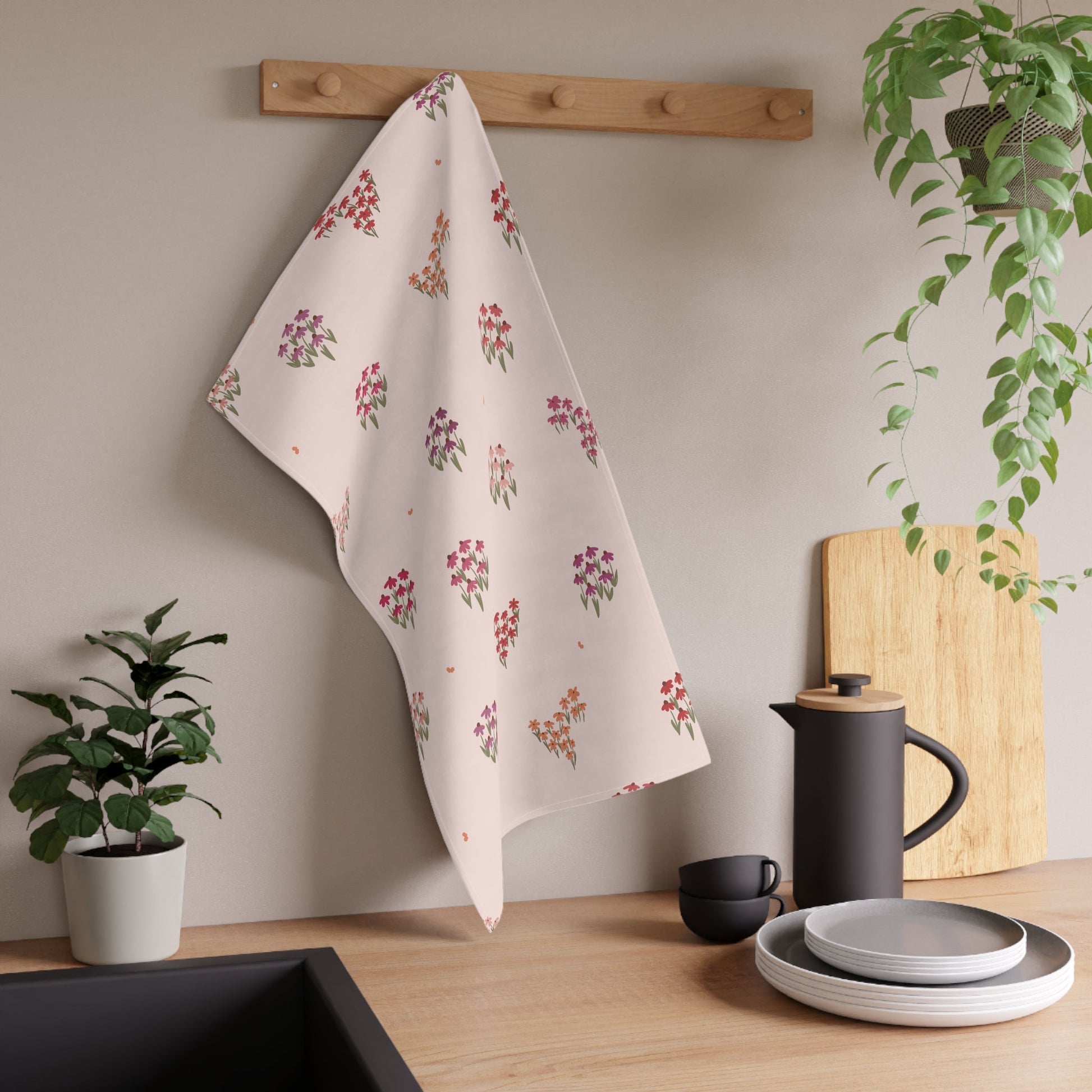 Summer Breeze Coneflowers Tea Towel with hand - drawn artwork - Flourish Moon Studio