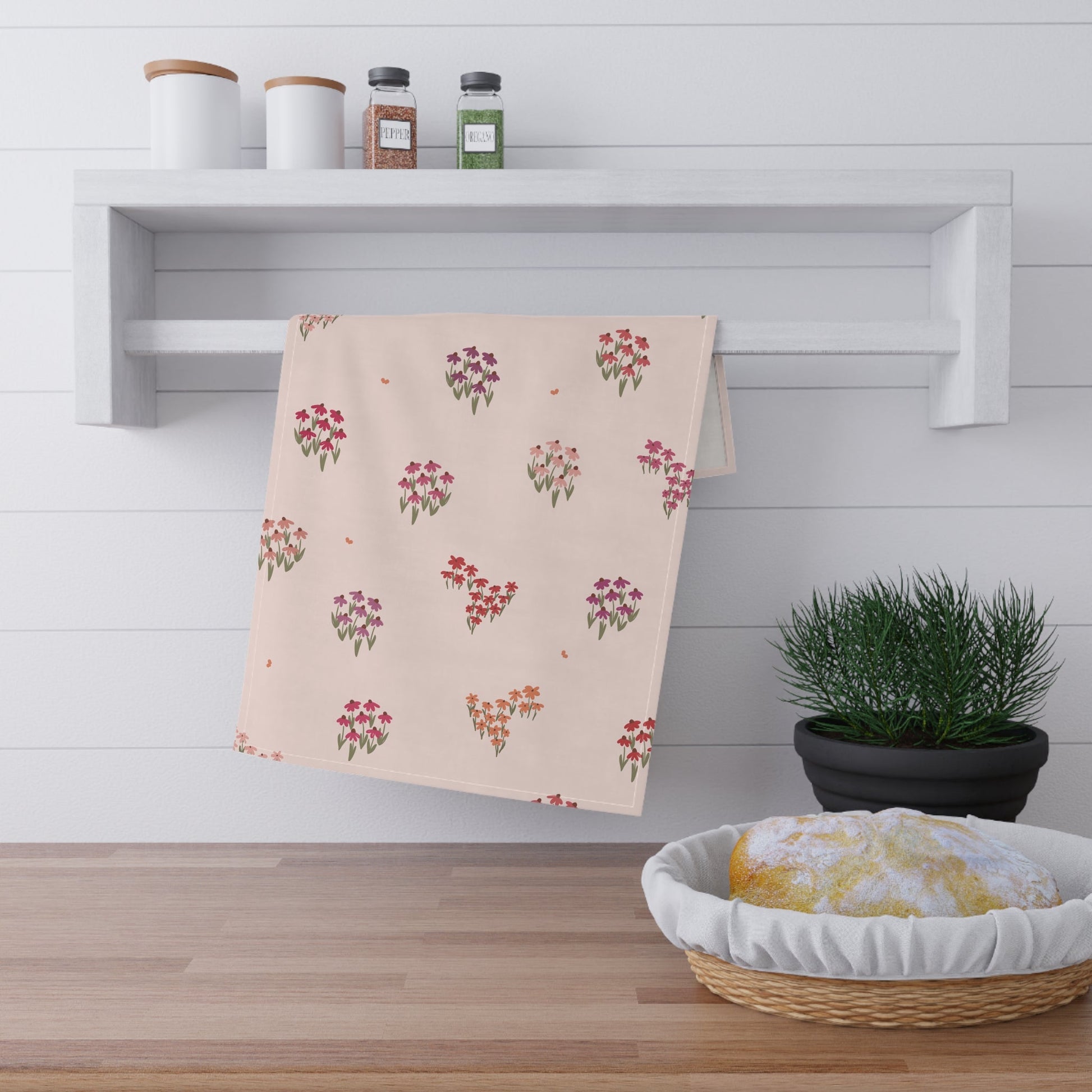 Summer Breeze Coneflowers Tea Towel with hand - drawn artwork - Flourish Moon Studio