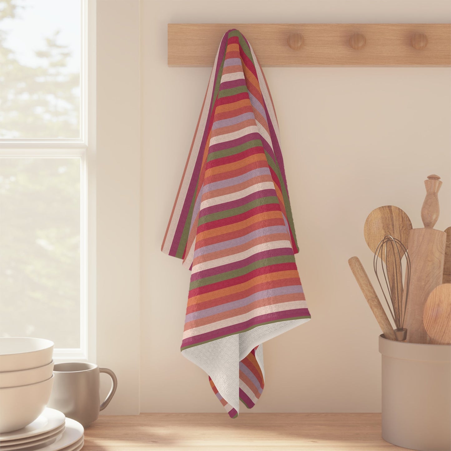 Summer Breeze Stripe Microfiber Waffle Kitchen Towel with hand - drawn artwork - Flourish Moon Studio