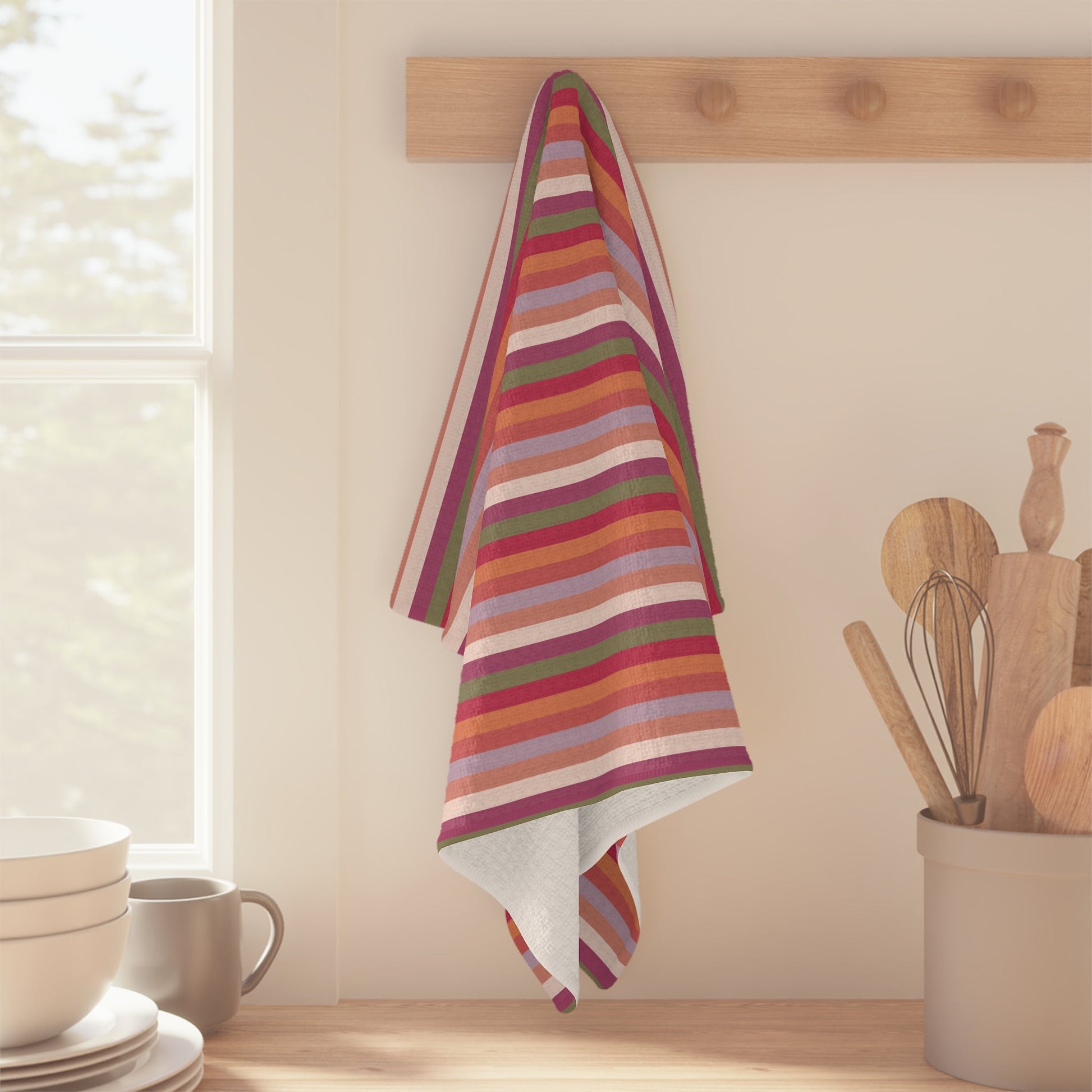 Summer Breeze Stripe Microfiber Waffle Kitchen Towel with hand - drawn artwork - Flourish Moon Studio