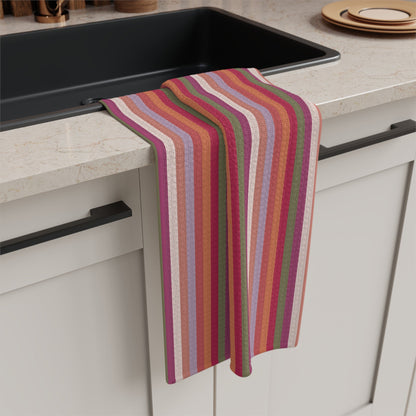 Summer Breeze Stripe Microfiber Waffle Kitchen Towel with hand - drawn artwork - Flourish Moon Studio
