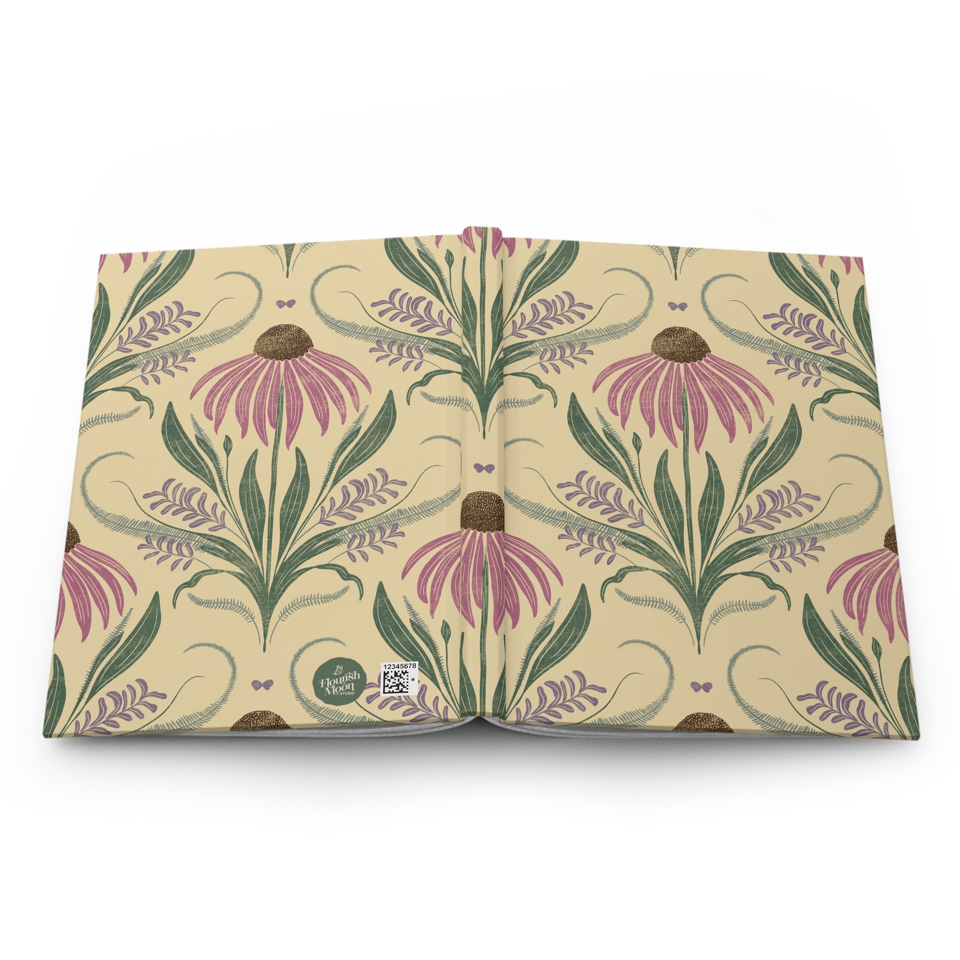 Floral patterned journal open on a white background