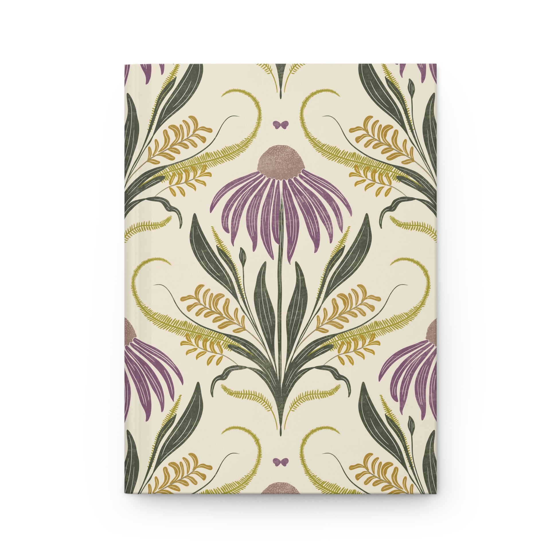 Floral patterned notebook with purple and green design on a beige background