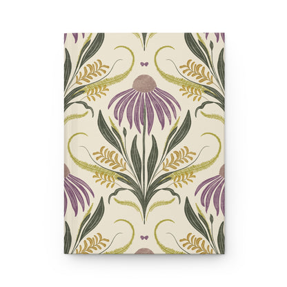 Floral patterned notebook with purple and green design on a beige background
