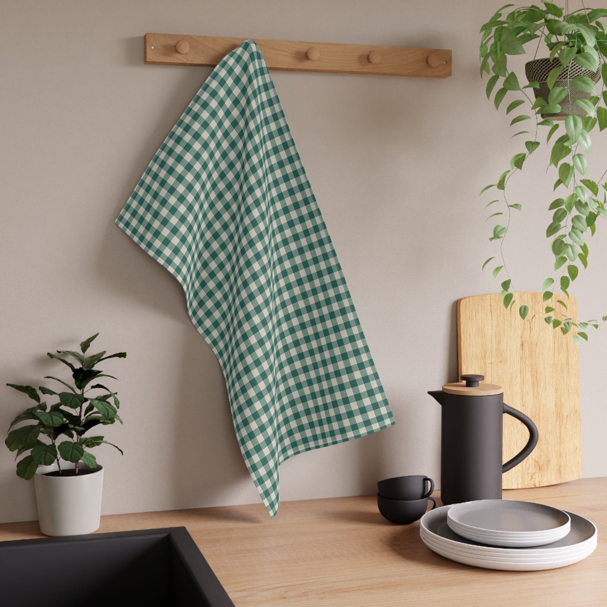 Teal Check Tea Towel with hand - drawn artwork - Flourish Moon Studio