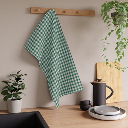 Teal Check Tea Towel with hand - drawn artwork - Flourish Moon Studio