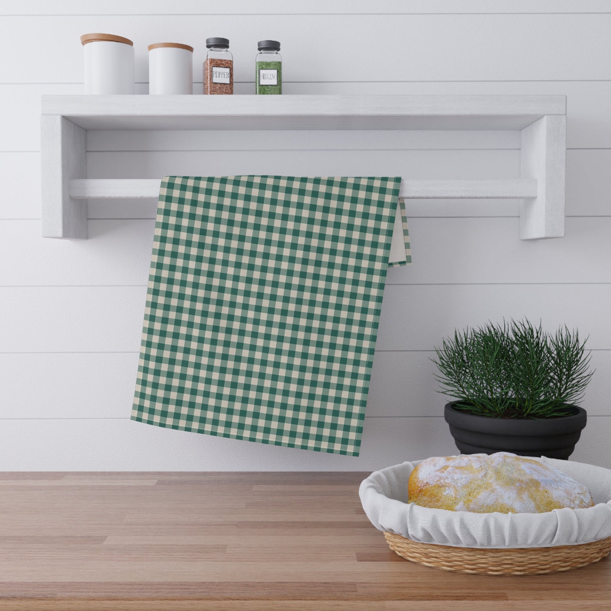 Teal Check Tea Towel with hand - drawn artwork - Flourish Moon Studio