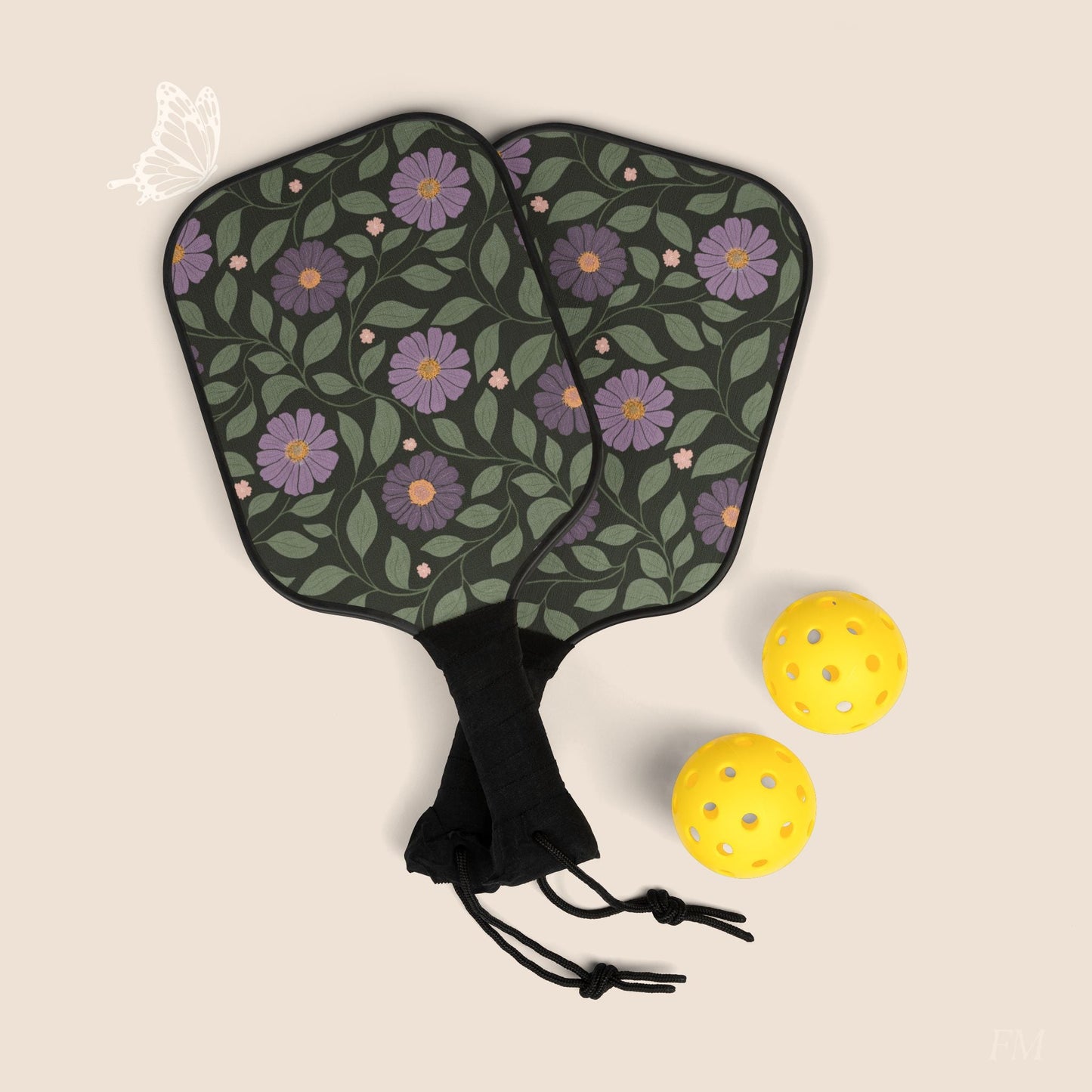 Whisper Song Floral Pickleball Paddles Set with hand drawn artwork - Flourish Moon Studio