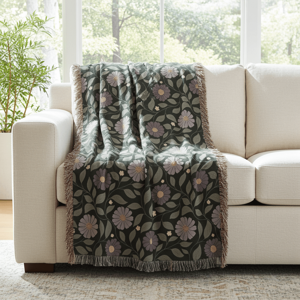 Floral patterned throw blanket draped over a beige sofa in a bright living room.