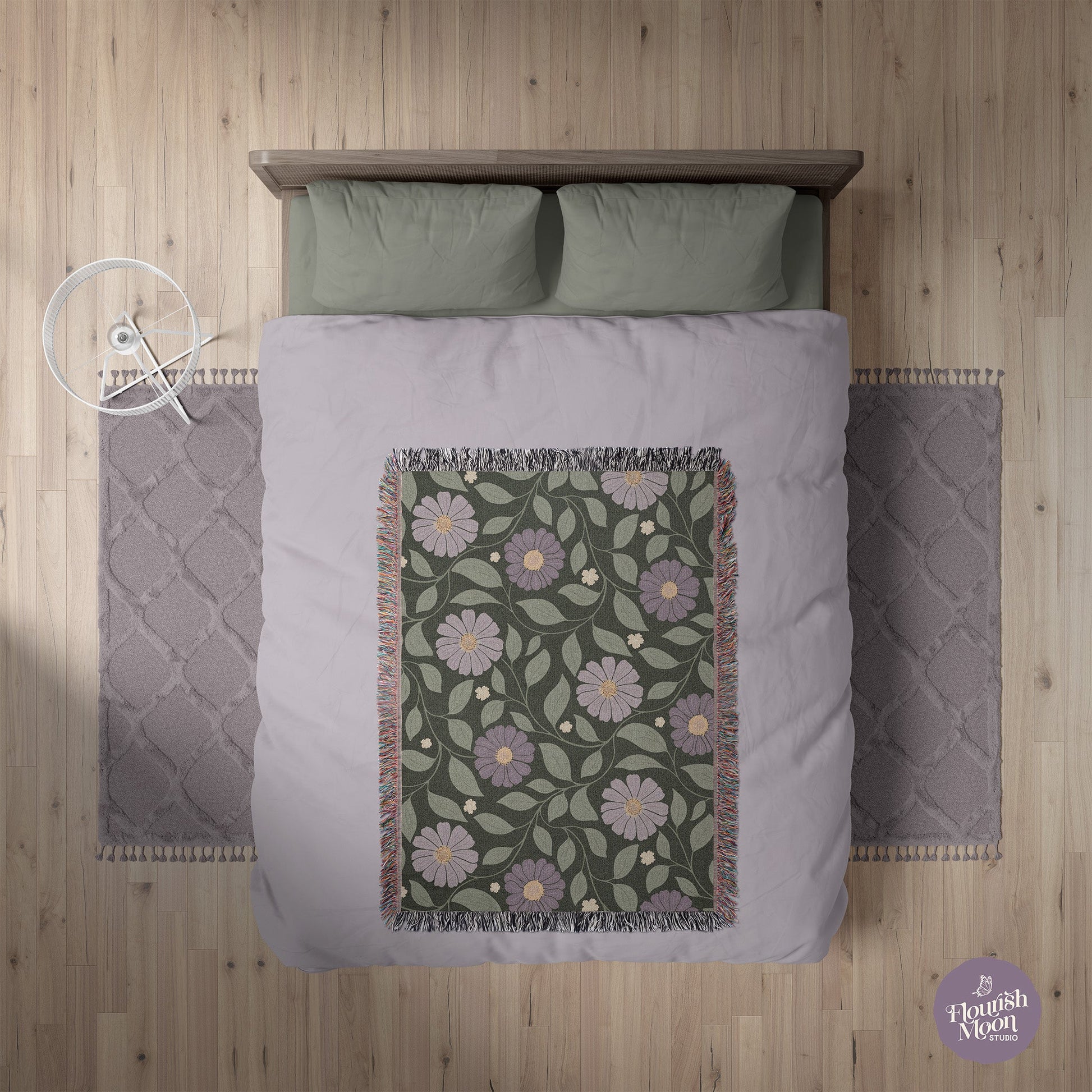 Whisper Song Floral Woven Blanket with hand - drawn artwork - Flourish Moon Studio