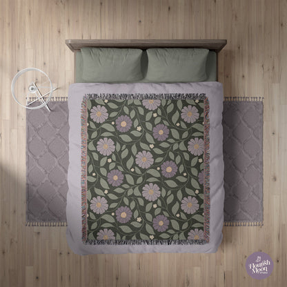 Whisper Song Floral Woven Blanket with hand - drawn artwork - Flourish Moon Studio