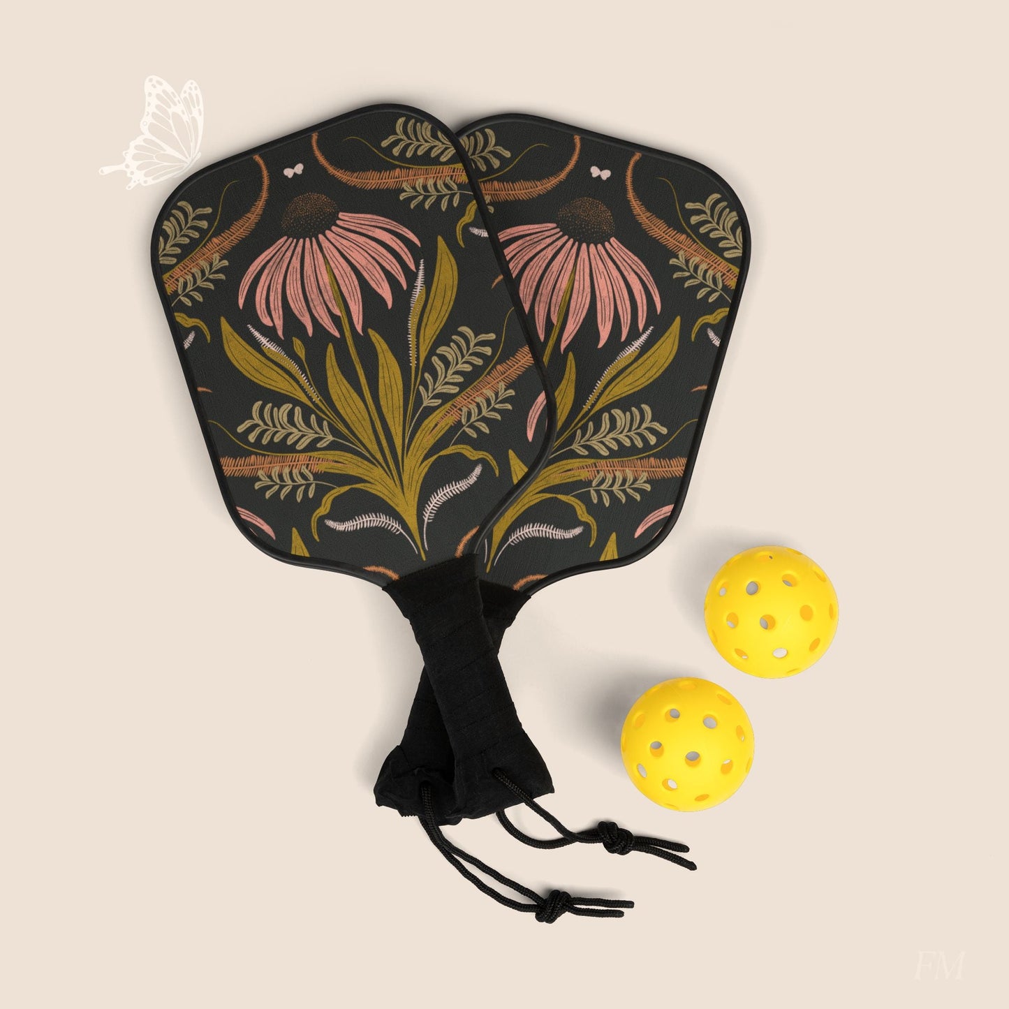 Wildflower Emberglow Floral Pickleball Paddles Set with hand drawn artwork - Flourish Moon Studio