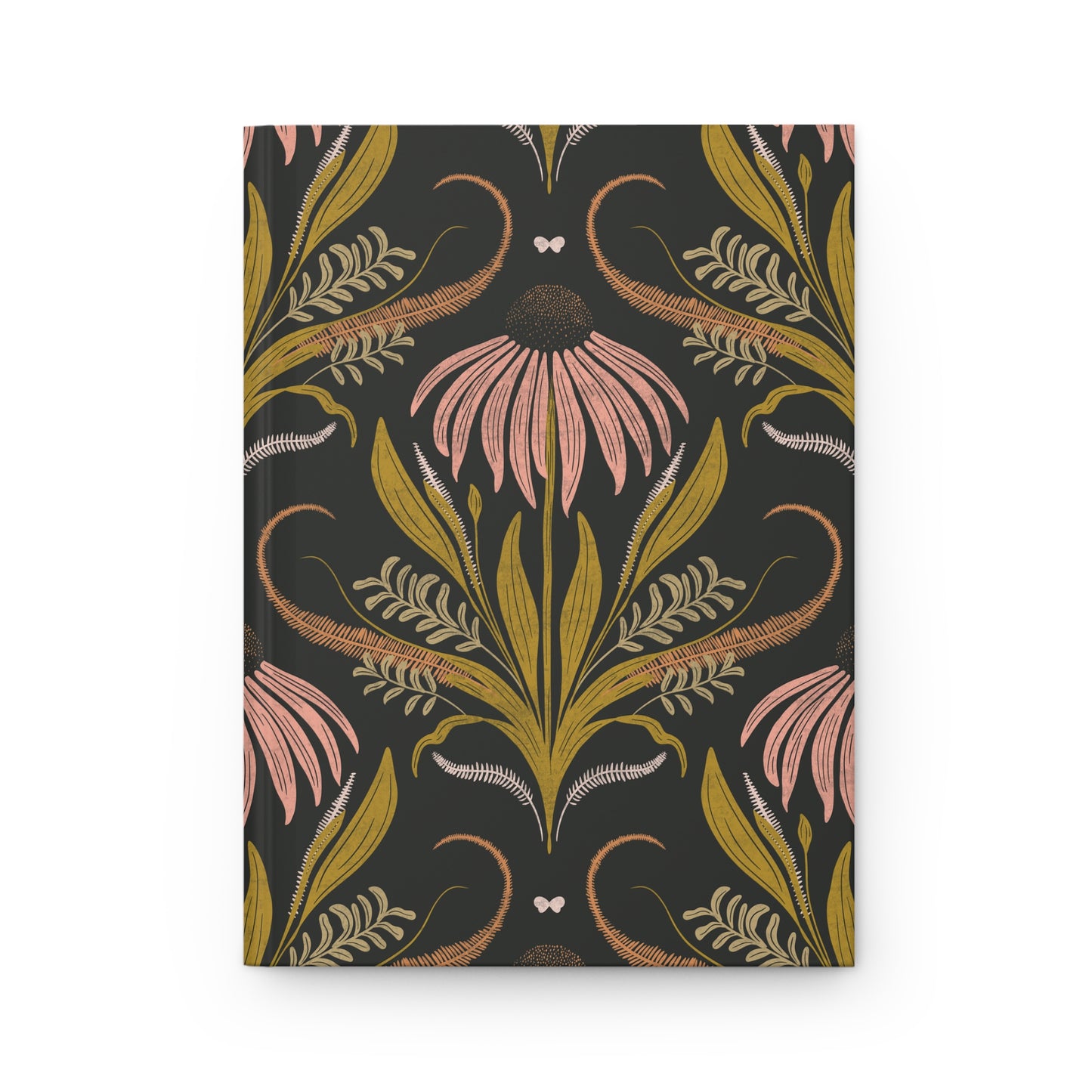 Floral patterned hardcover journal with pink flowers and green leaves on a black background