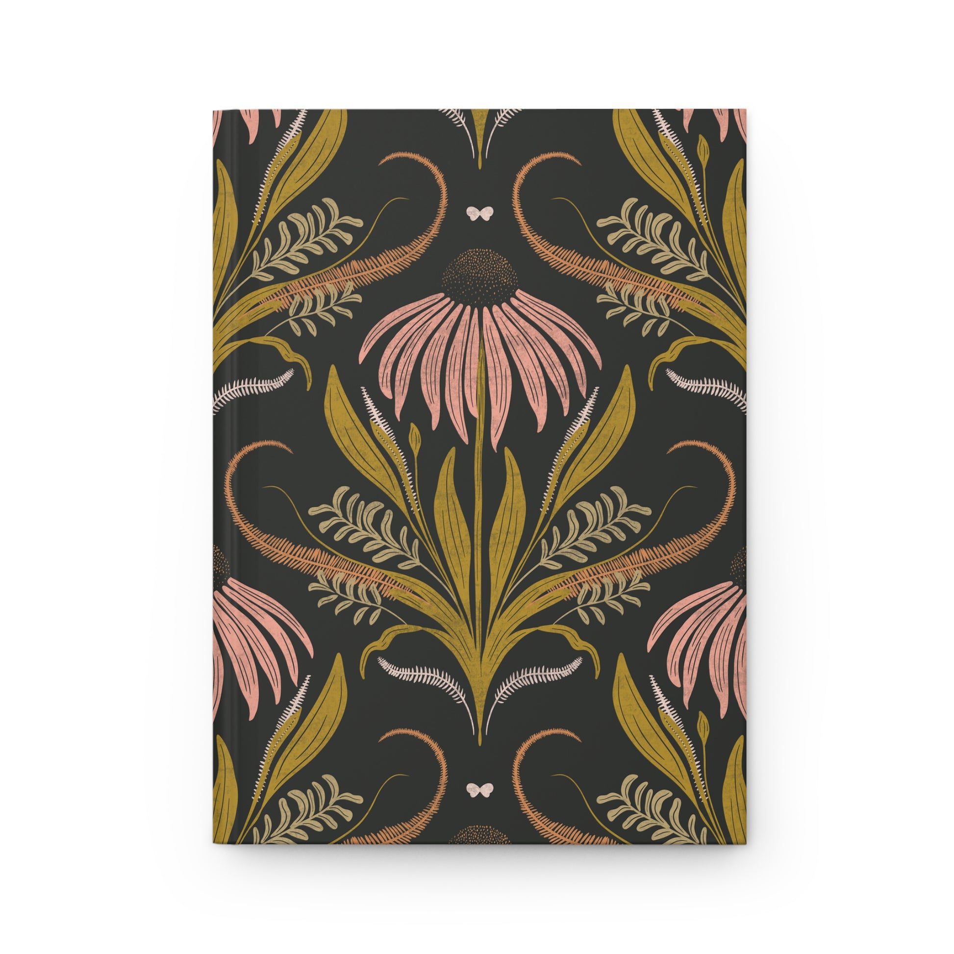 Floral patterned hardcover journal with pink flowers and green leaves on a black background