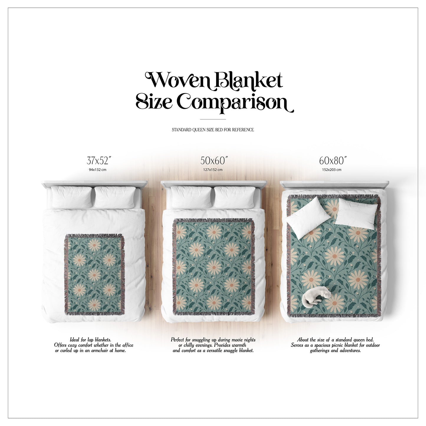 Woven blanket size comparison chart with different dimensions and uses.